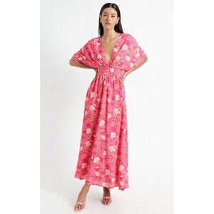 Showpo Dress Ella Maxi Pink Berry Floral Plunge V Neck Slit NWT